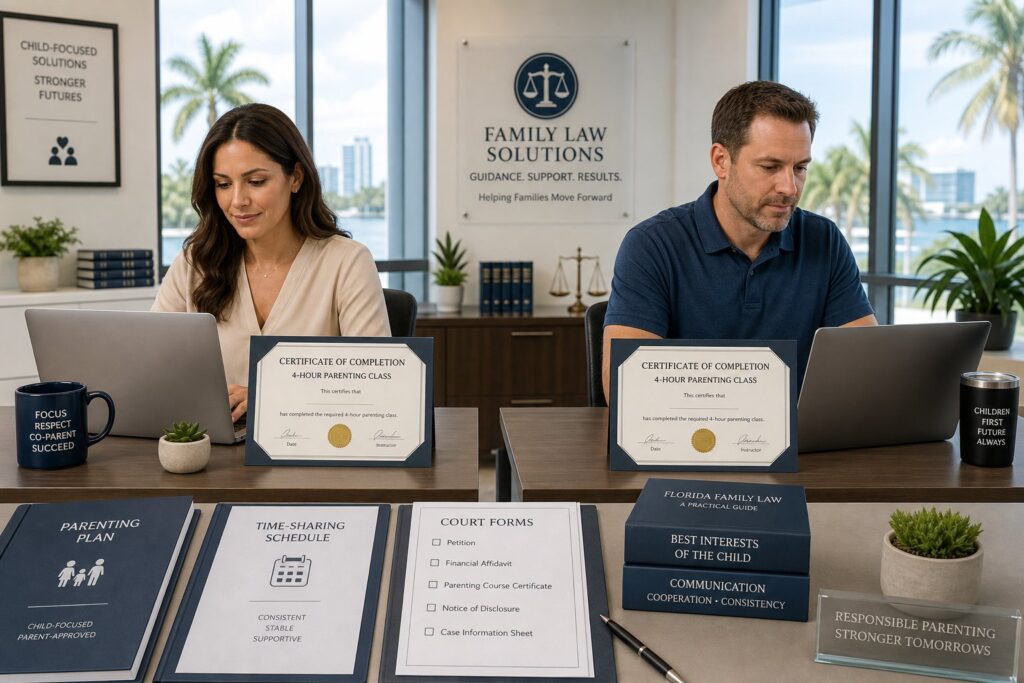 Two parents reviewing court papers and separate parenting course certificates.