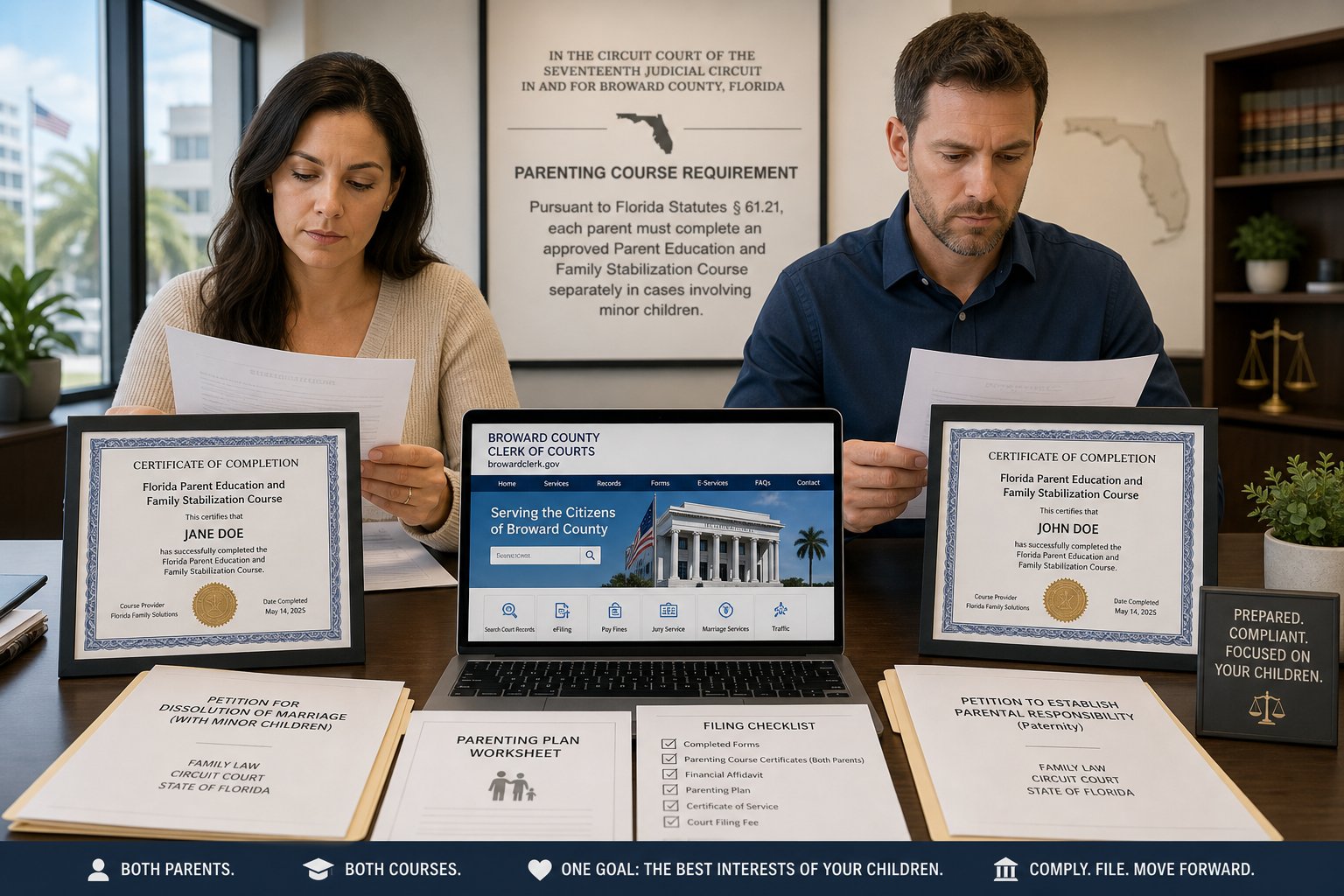 Two parents reviewing court papers and separate parenting course certificates.