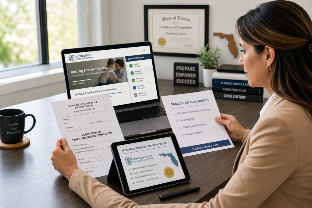 Florida parent reviewing approved parenting course documents in a modern office.