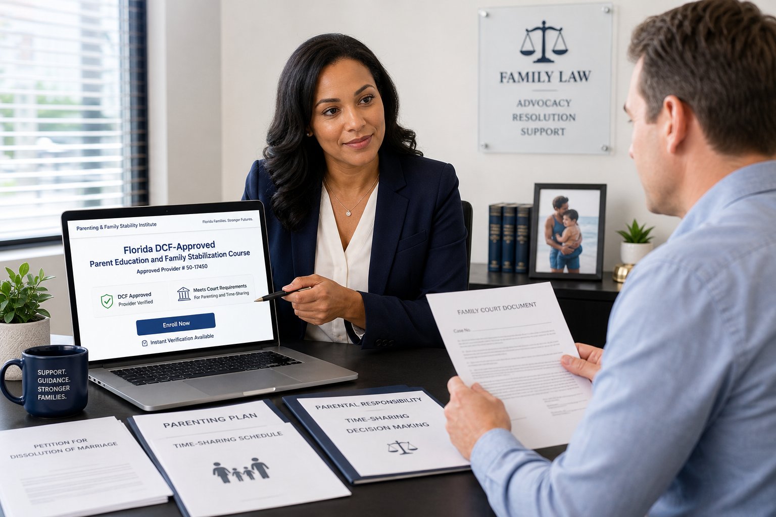 Florida parent reviewing approved parenting course documents in a modern office.
