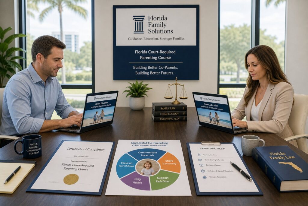 Parents reviewing an online co-parenting course in a modern office setting.