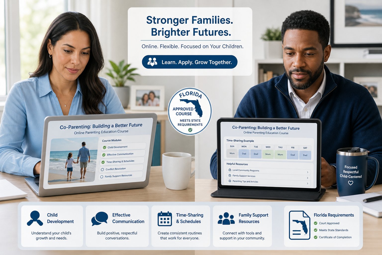 Parents reviewing an online co-parenting course in a modern office setting.