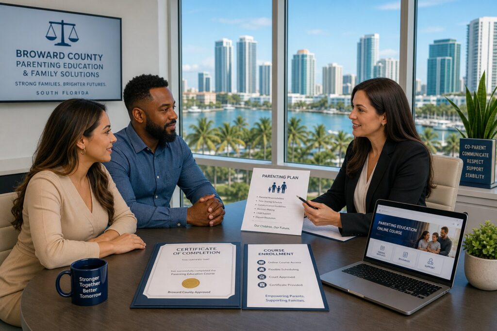 Parents reviewing family court paperwork with a legal professional in Fort Lauderdale.