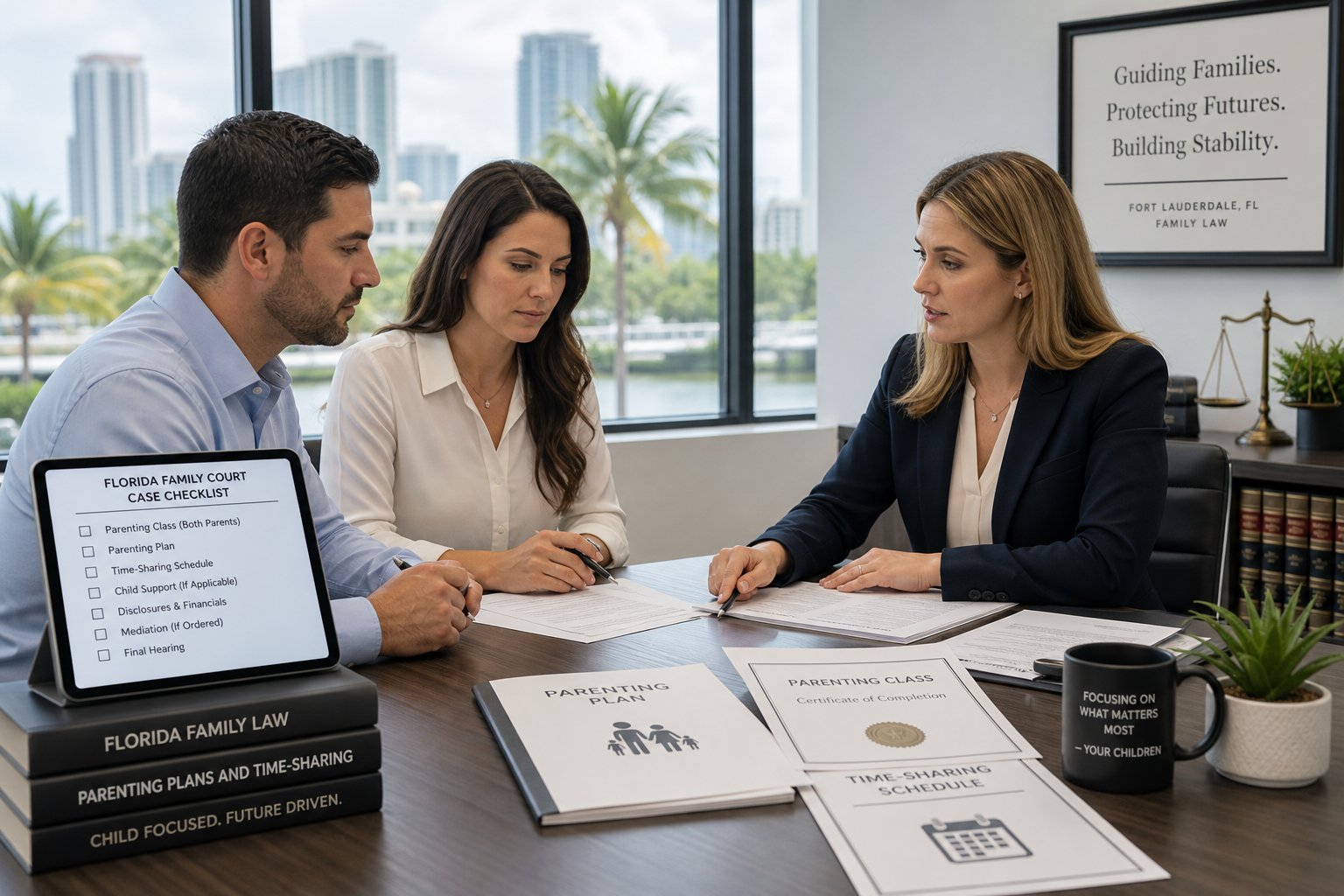 Broward County Divorce Parenting Class Guide 2 Parents reviewing family court paperwork with a legal professional in Fort Lauderdale.
