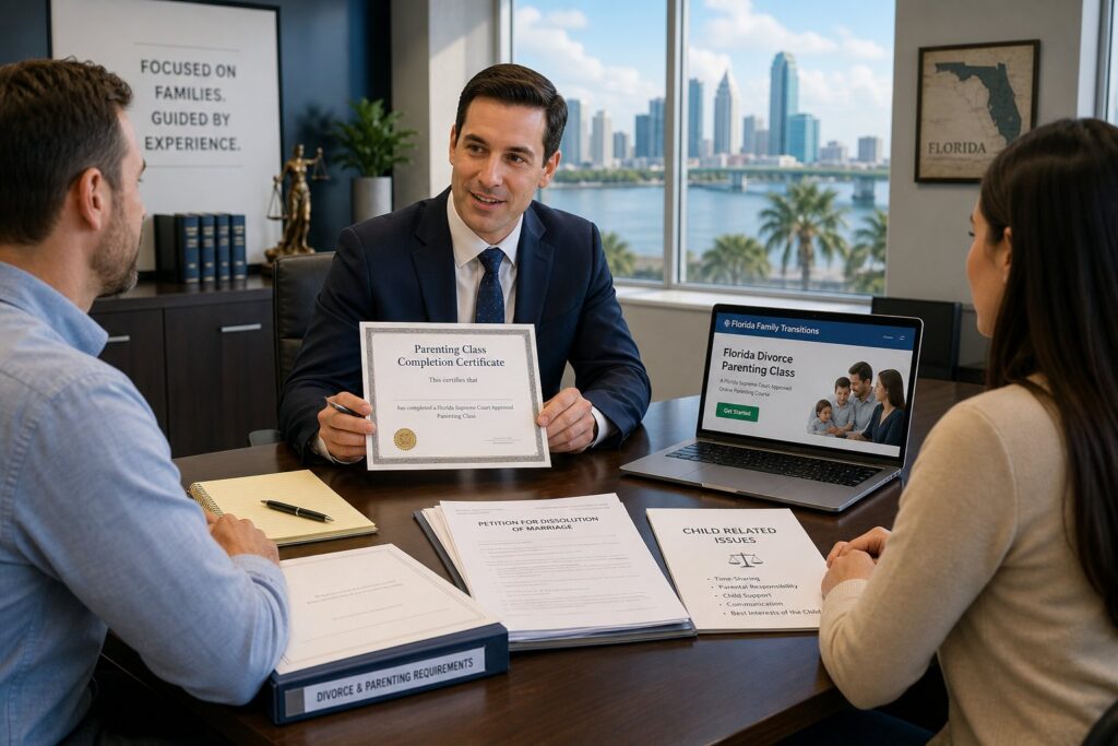 Parents reviewing a Florida parenting class completion document in a legal office.