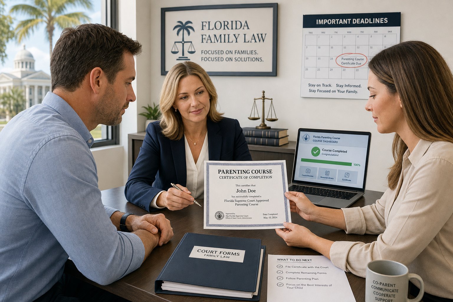 Can the Florida Parent Education Course Requirement Be Waived? 2 Parents reviewing a Florida parenting class completion document in a legal office.
