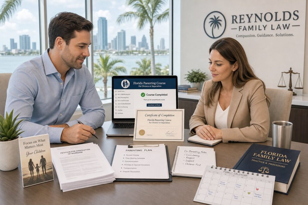 Two parents separately completing required Florida divorce parenting class paperwork.