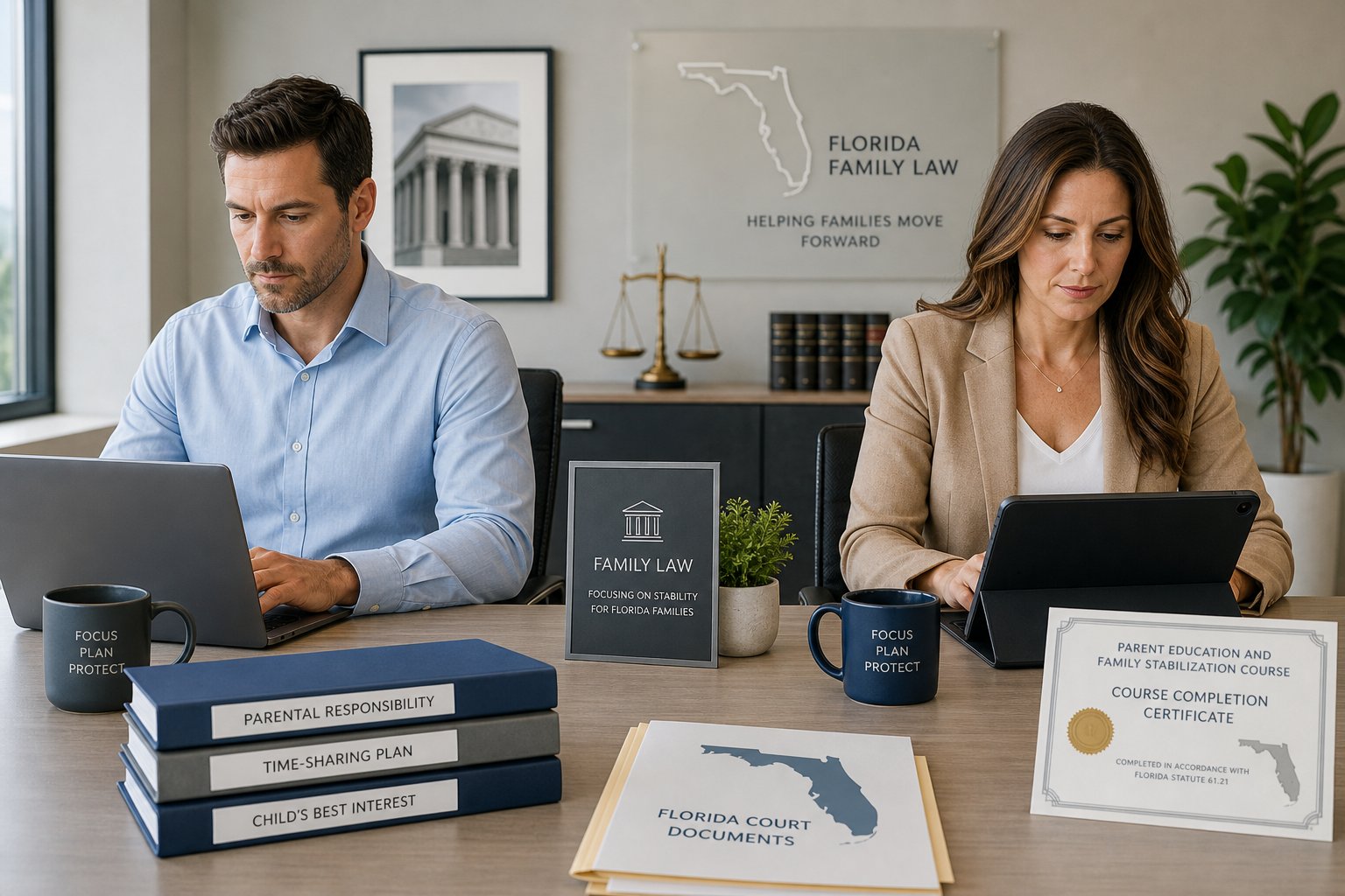 Two parents separately completing required Florida divorce parenting class paperwork.