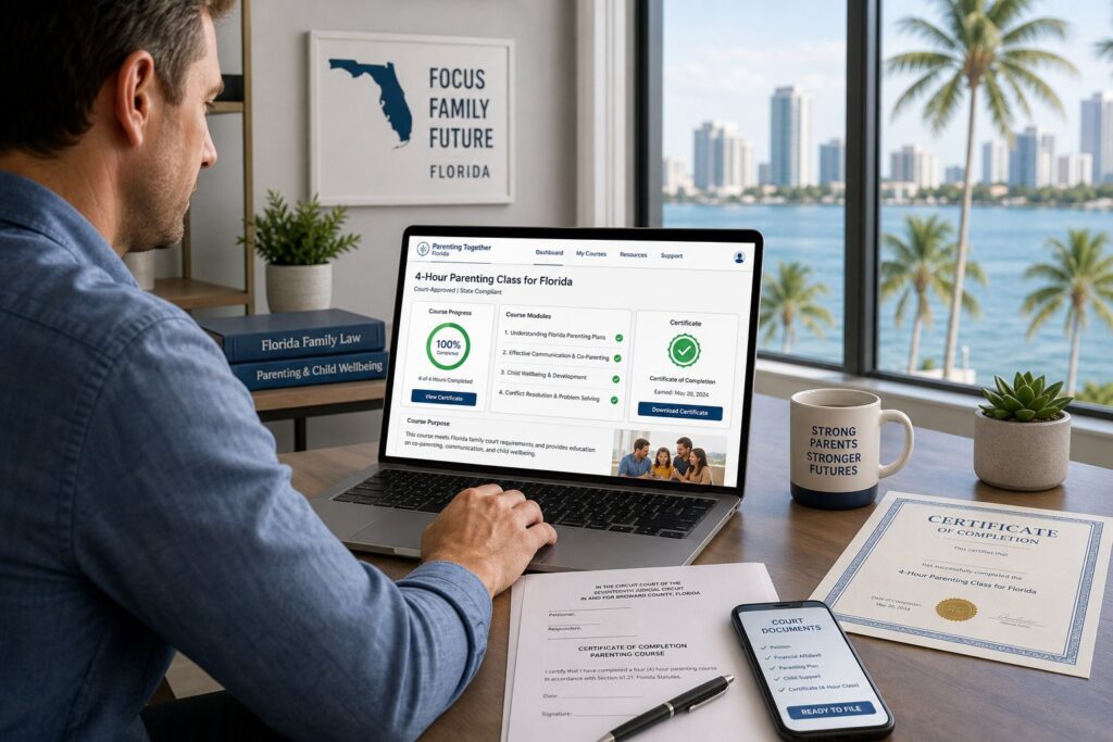 Two parents separately taking an online parenting class on laptops in Florida.