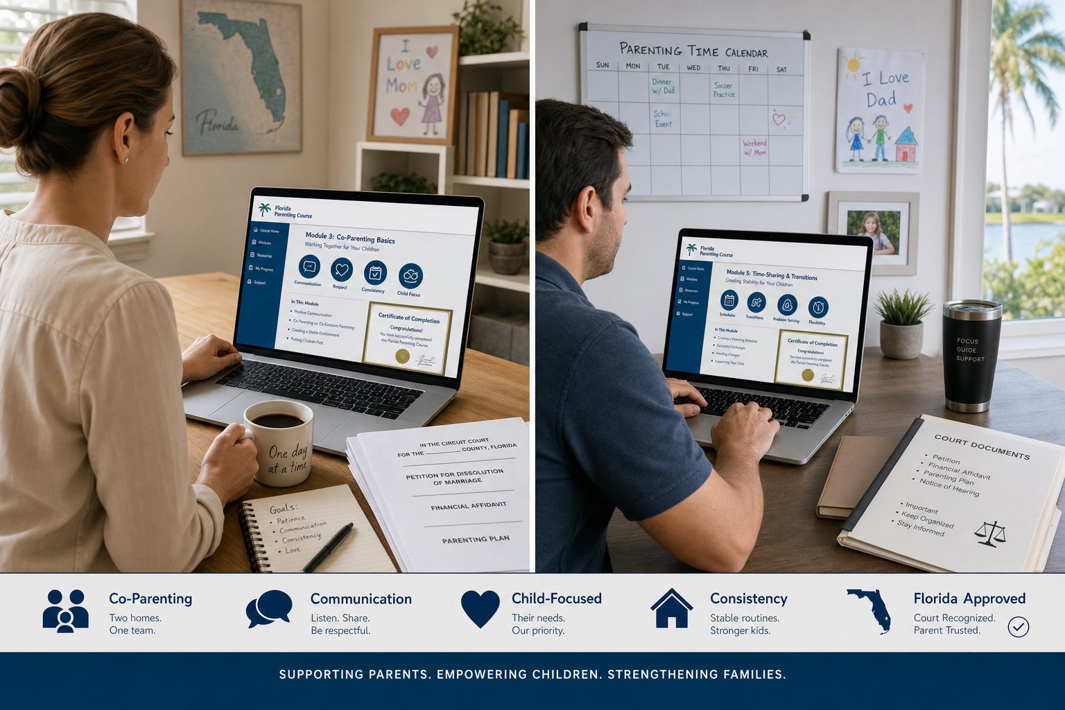 Two parents separately taking an online parenting class on laptops in Florida.