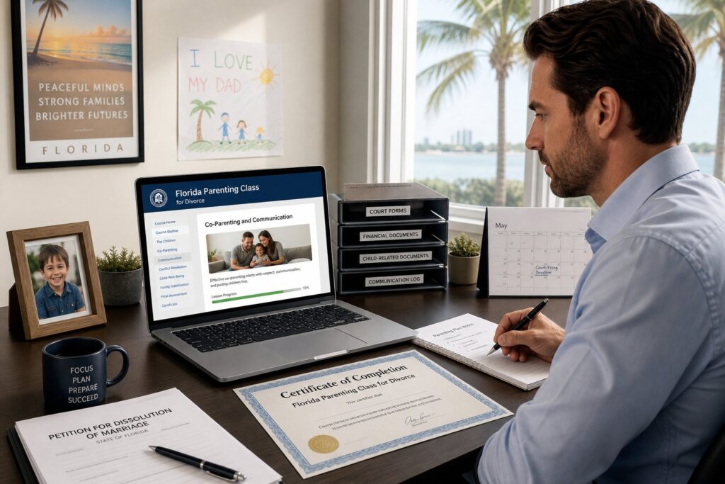 Parents reviewing a Florida parenting class plan with a legal professional.