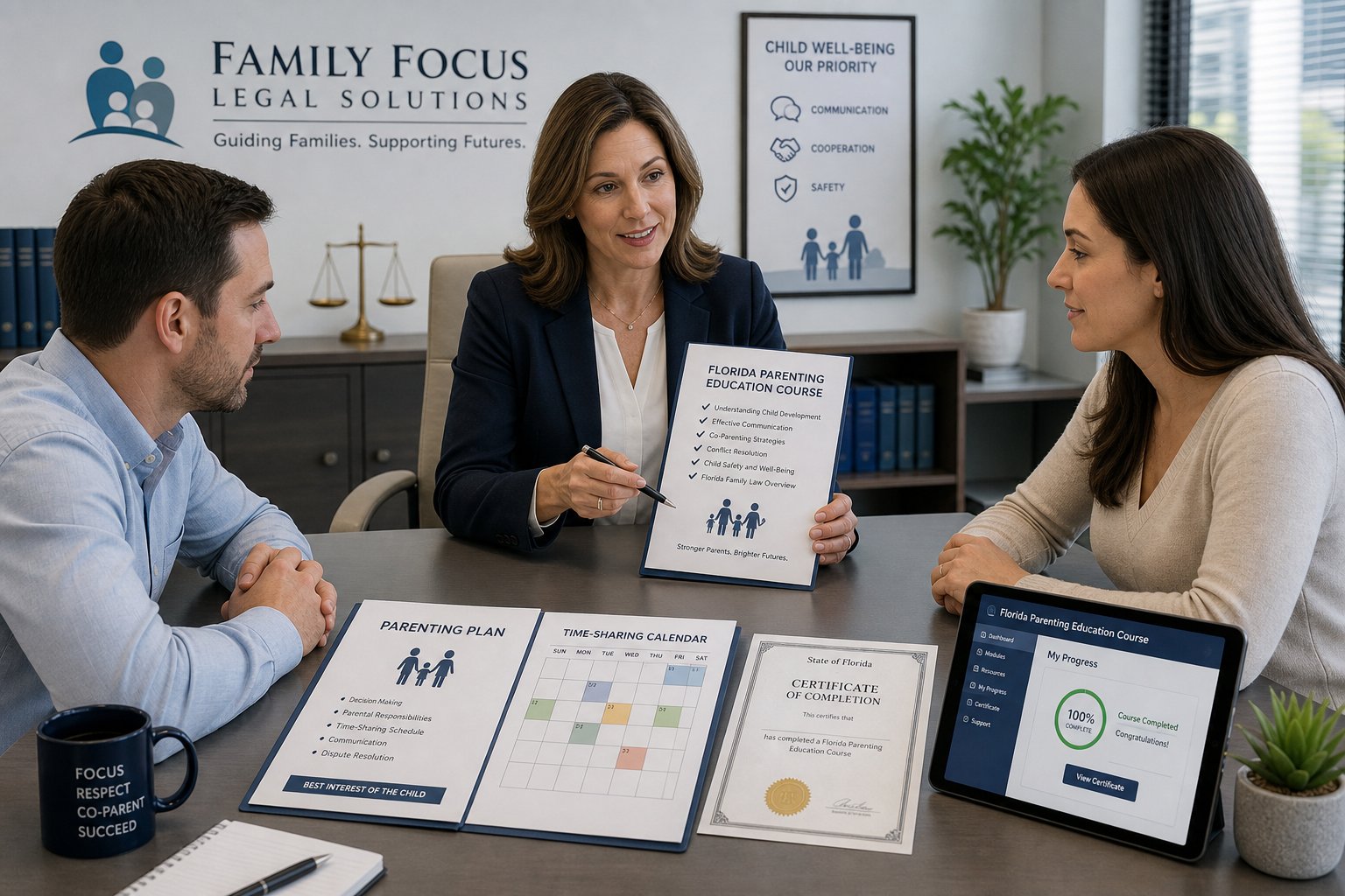 Parents reviewing a Florida parenting class plan with a legal professional.