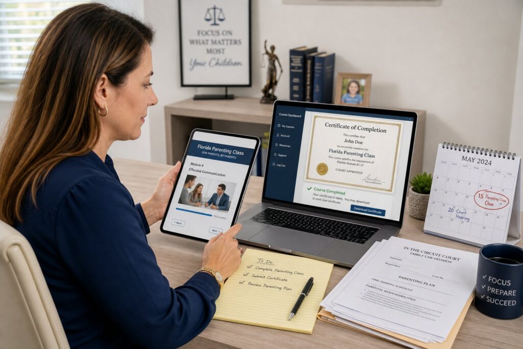 Parents reviewing an online Florida parenting class in a professional setting.