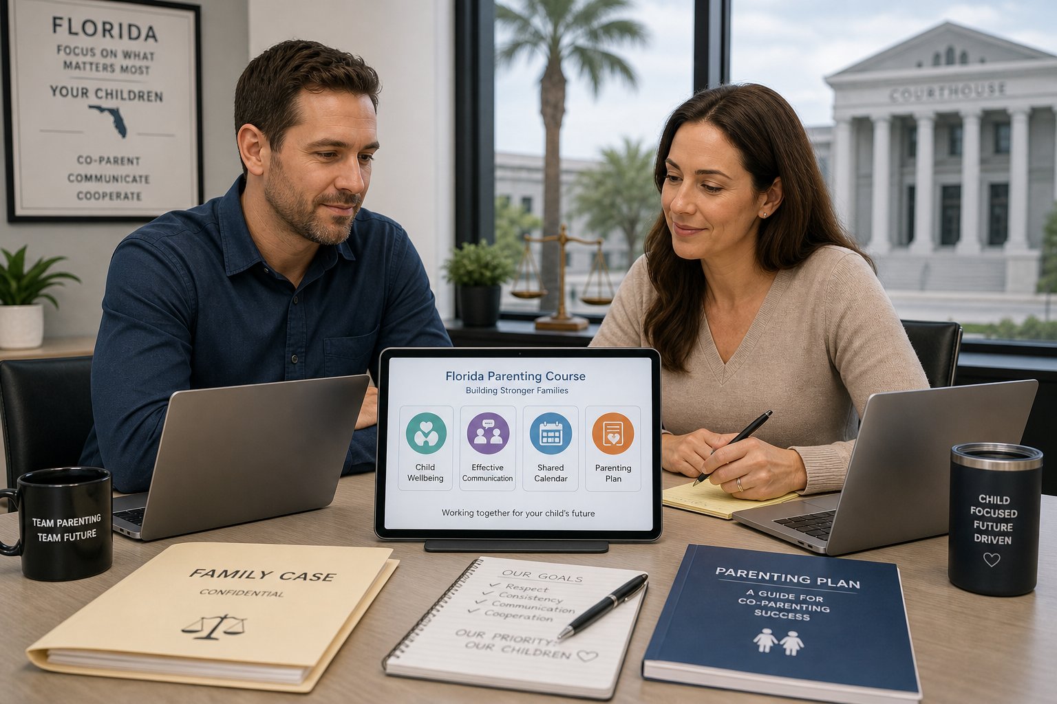 Parents reviewing an online Florida parenting class in a professional setting.