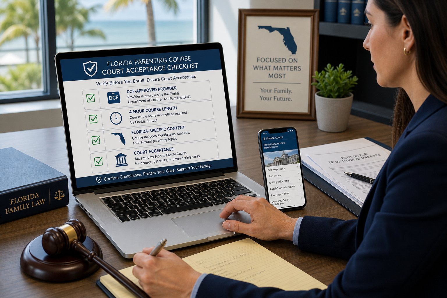 Cheapest Court-Approved Parenting Class in Florida: What Matters Besides Price 2 Parent reviewing Florida-approved parenting class requirements on a laptop.