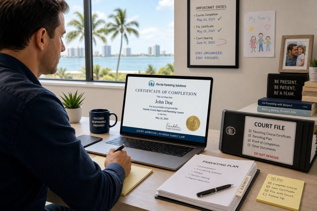 Florida parent reviewing court-required parenting class certificate at a desk
