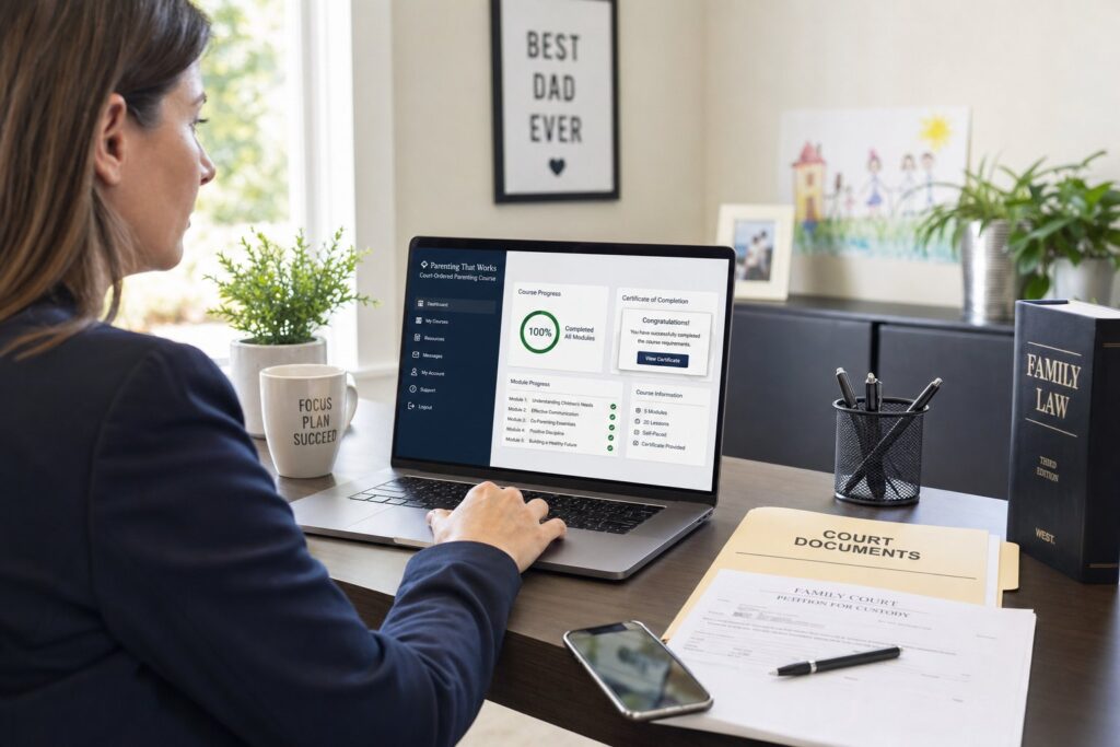 Florida parent reviewing court-required parenting class certificate at a desk