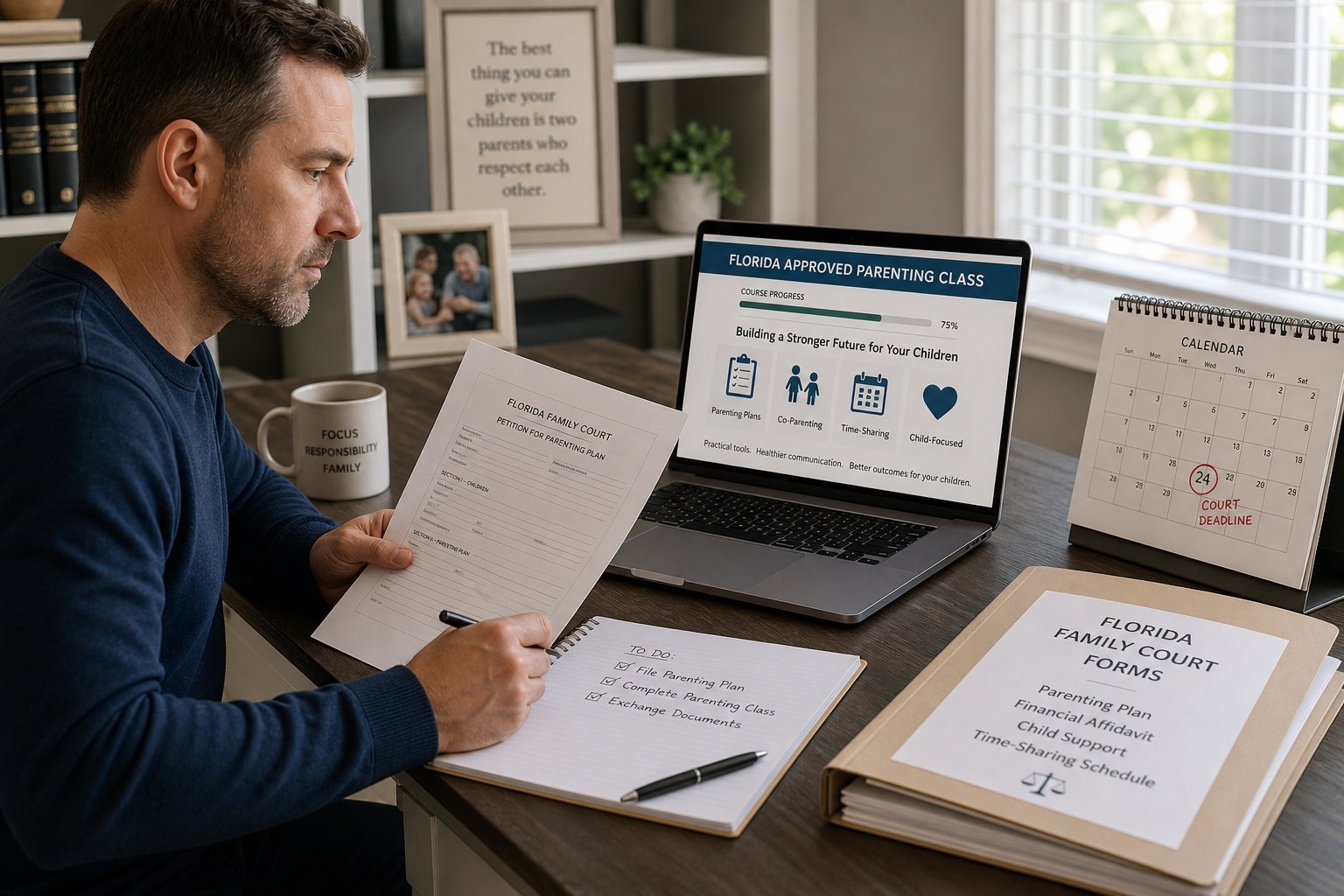 Court-Ordered Parenting Class Online: Why State Approval Matters 2 Florida parent reviewing court-required parenting class certificate at a desk