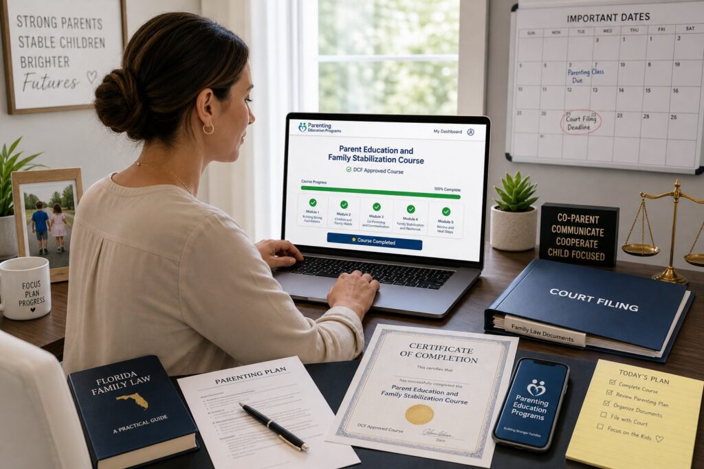Parents reviewing a Florida-approved parenting course in a professional office.