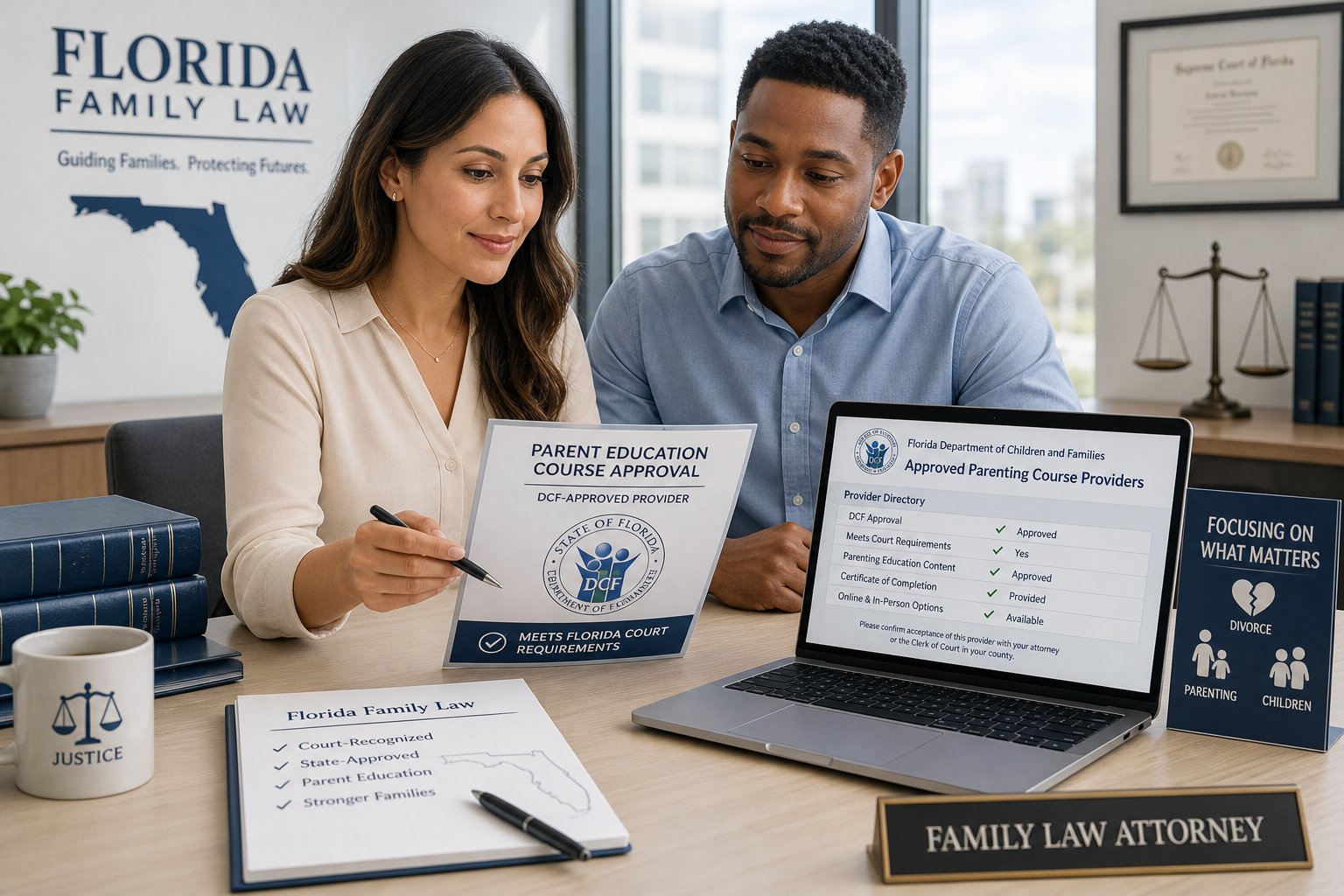 DCF Approved Parenting Classes vs. Florida Divorce Parenting Class 2 Parents reviewing a Florida-approved parenting course in a professional office.