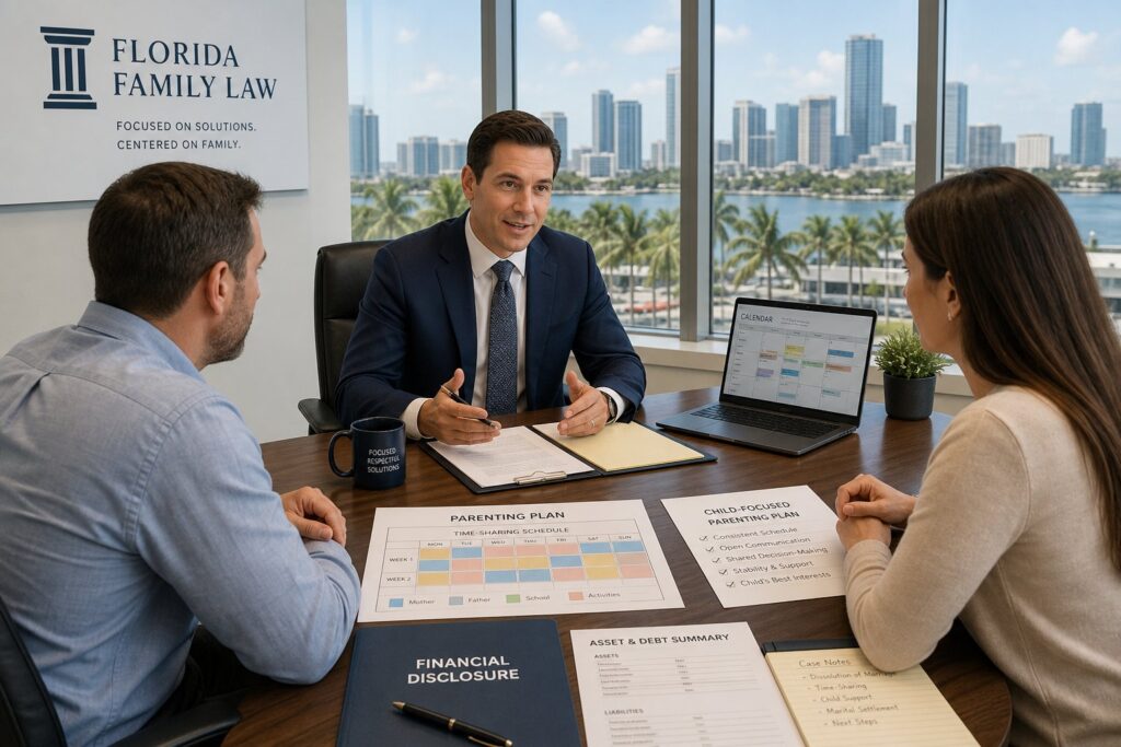 Attorney and client reviewing Florida divorce filing documents in a modern legal office.