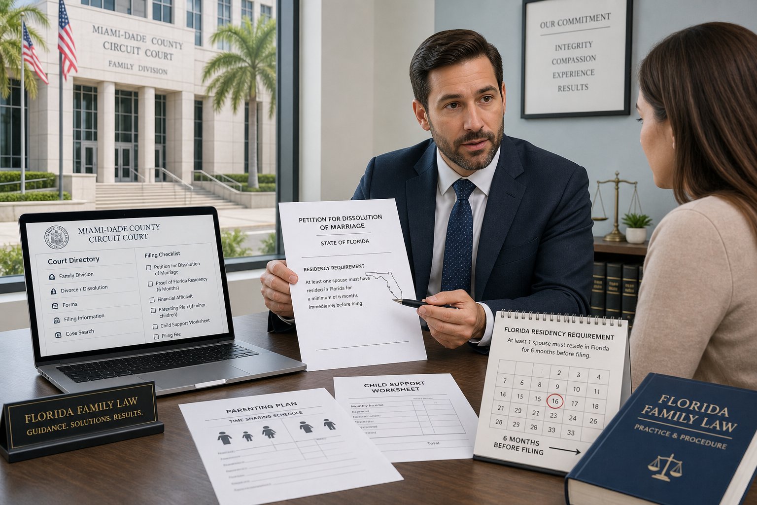 Attorney and client reviewing Florida divorce filing documents in a modern legal office.
