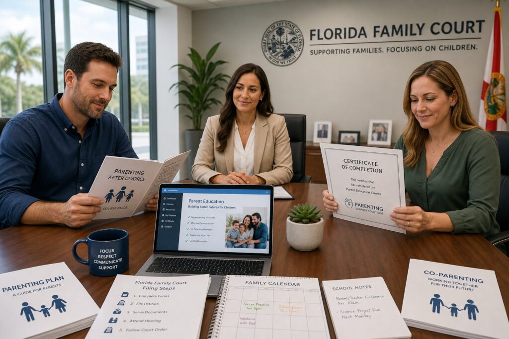 Parents reviewing a Florida court-required parenting class with a family advisor.