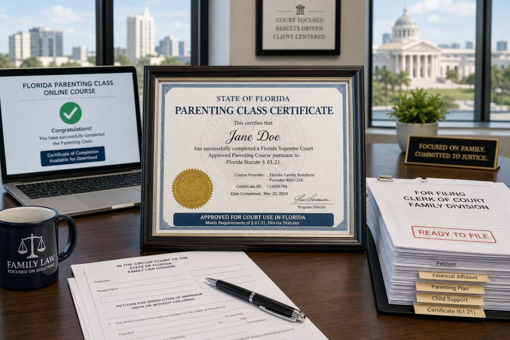 Parent reviewing a Florida parenting class certificate at a clean desk.