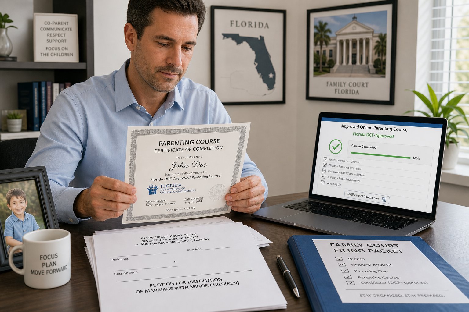 Parent reviewing a Florida parenting class certificate at a clean desk.