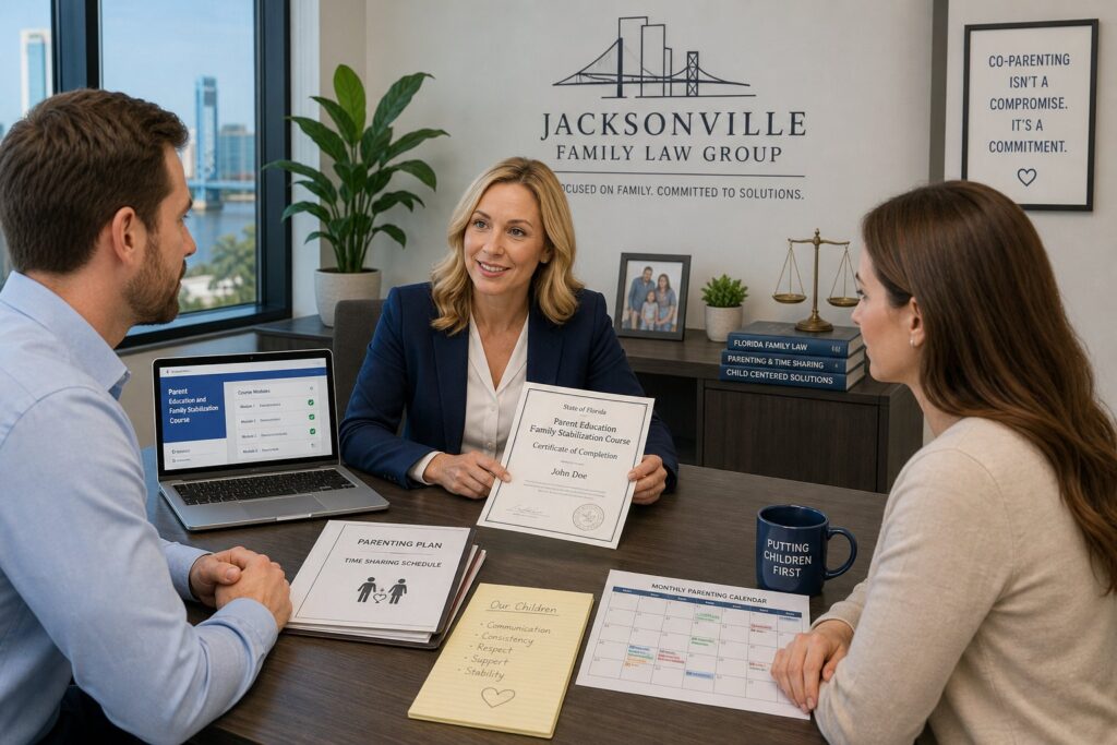 Parents meeting with an advisor about a Florida court-approved parenting class.