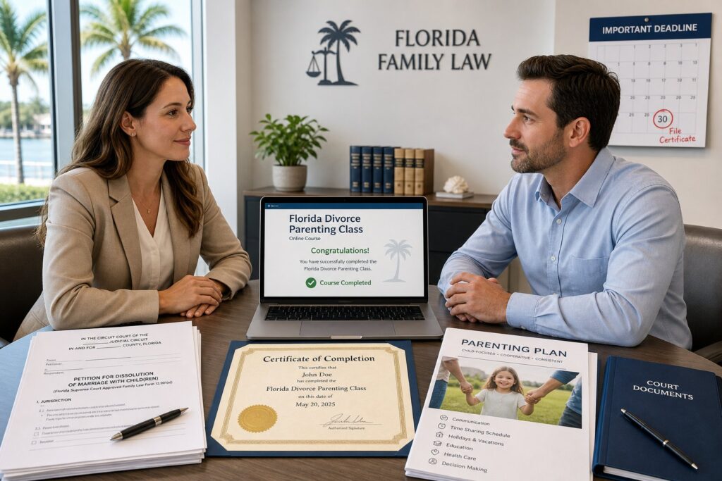 Parents attending a Florida co-parenting class in a professional setting.