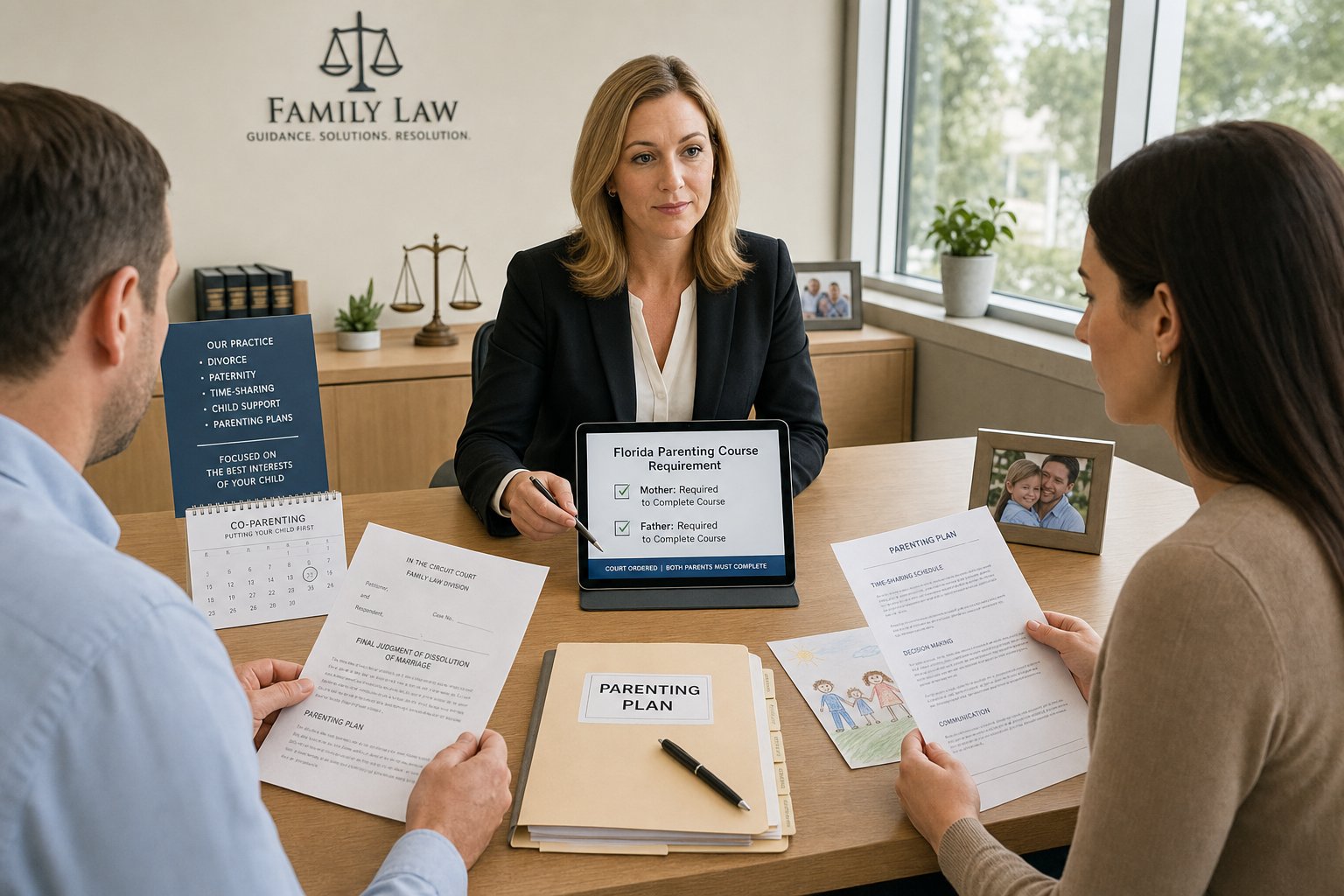 Two parents reviewing court parenting class documents with a legal advisor.