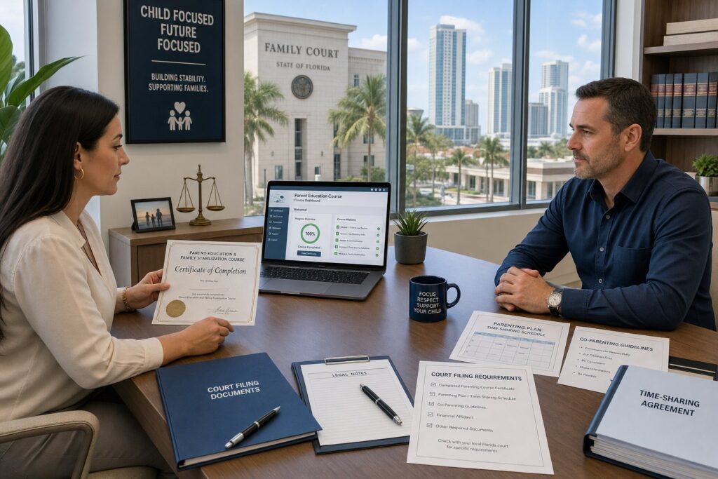 Parents in a Florida parenting education class with child-focused course materials.