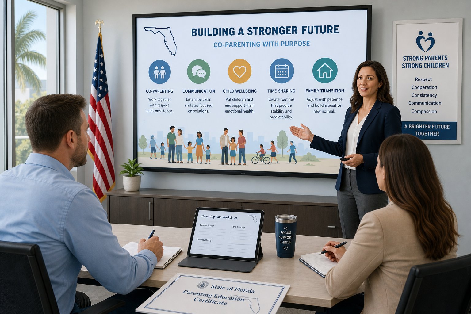 Florida Parent Education Course FAQs for Divorce and Family Court 2 Parents in a Florida parenting education class with child-focused course materials.