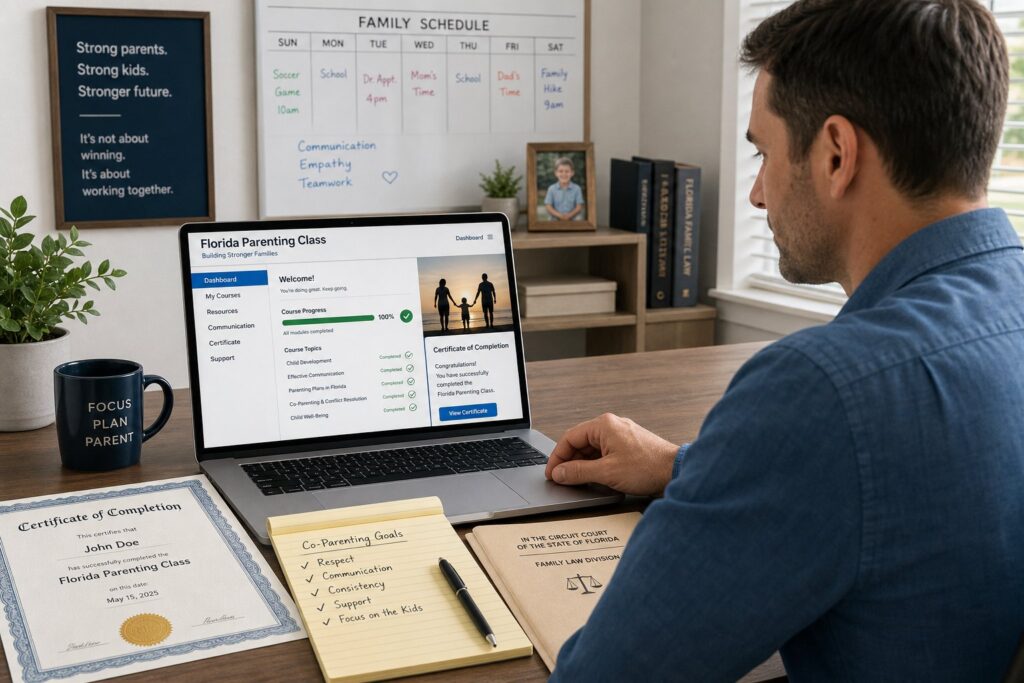 Parents reviewing a court-required parenting course in a professional office.