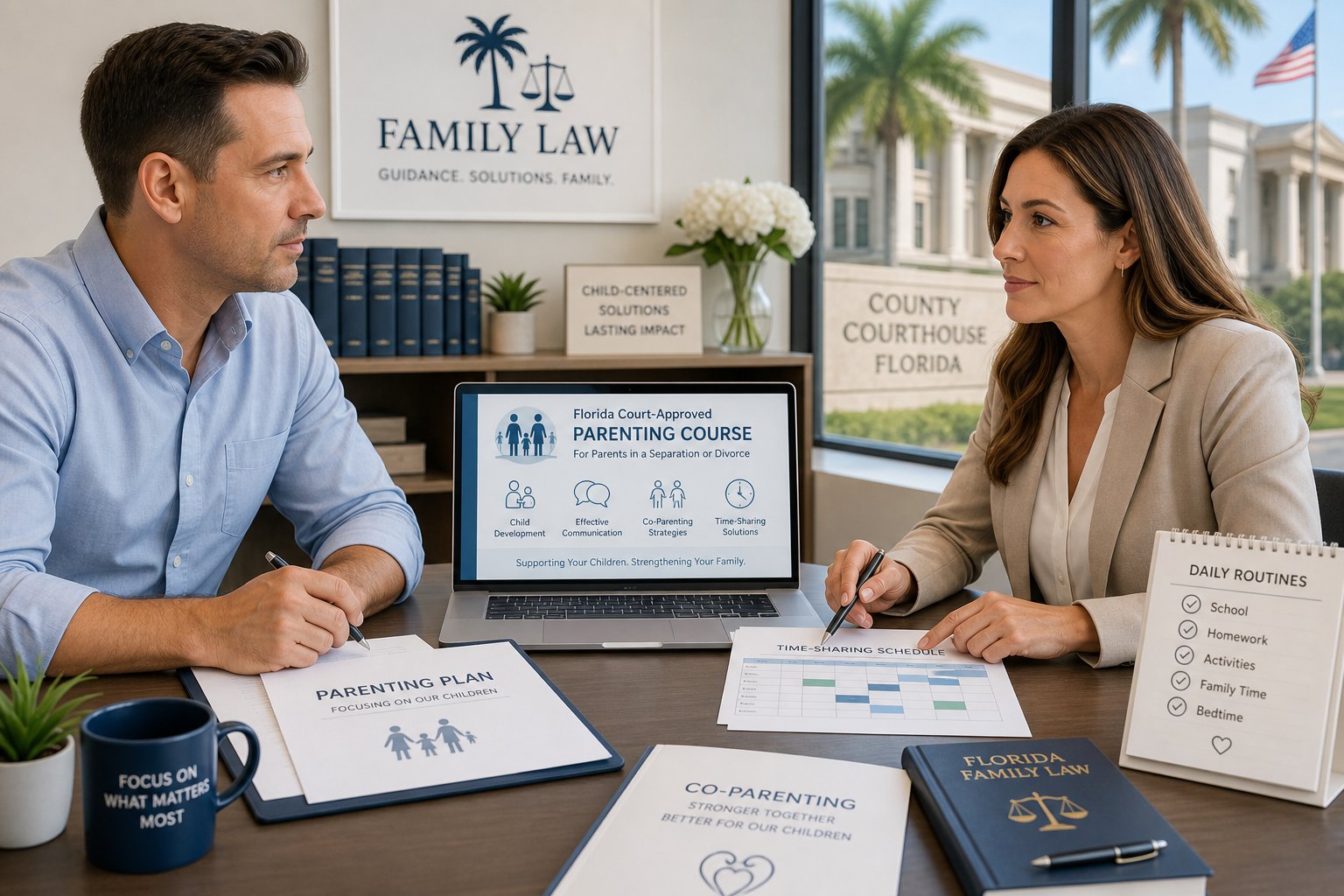 Parents reviewing a court-required parenting course in a professional office.