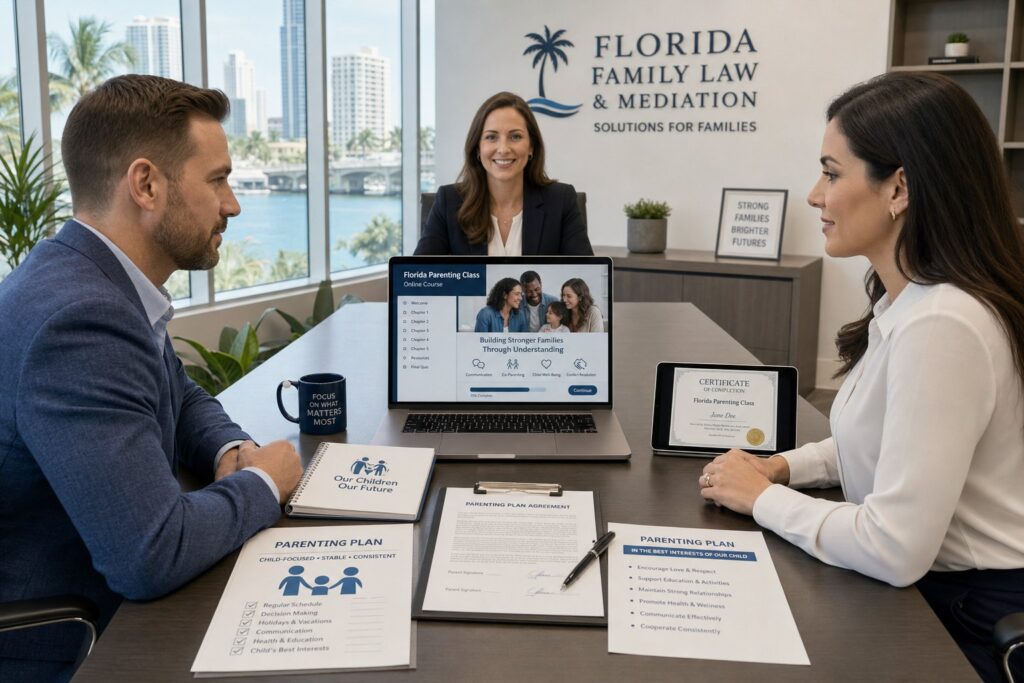 Florida parent reviewing court-required parenting class certificate at a desk