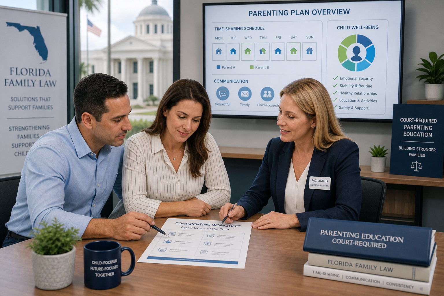 Florida parent reviewing court-required parenting class certificate at a desk
