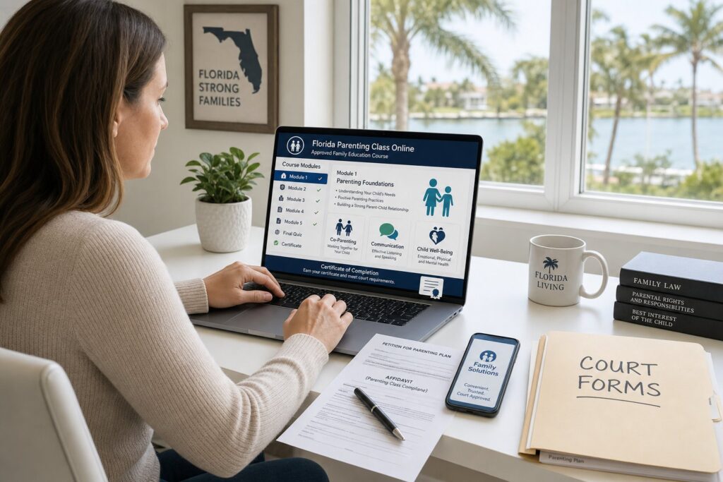 Parents taking an online parenting class with court documents nearby.