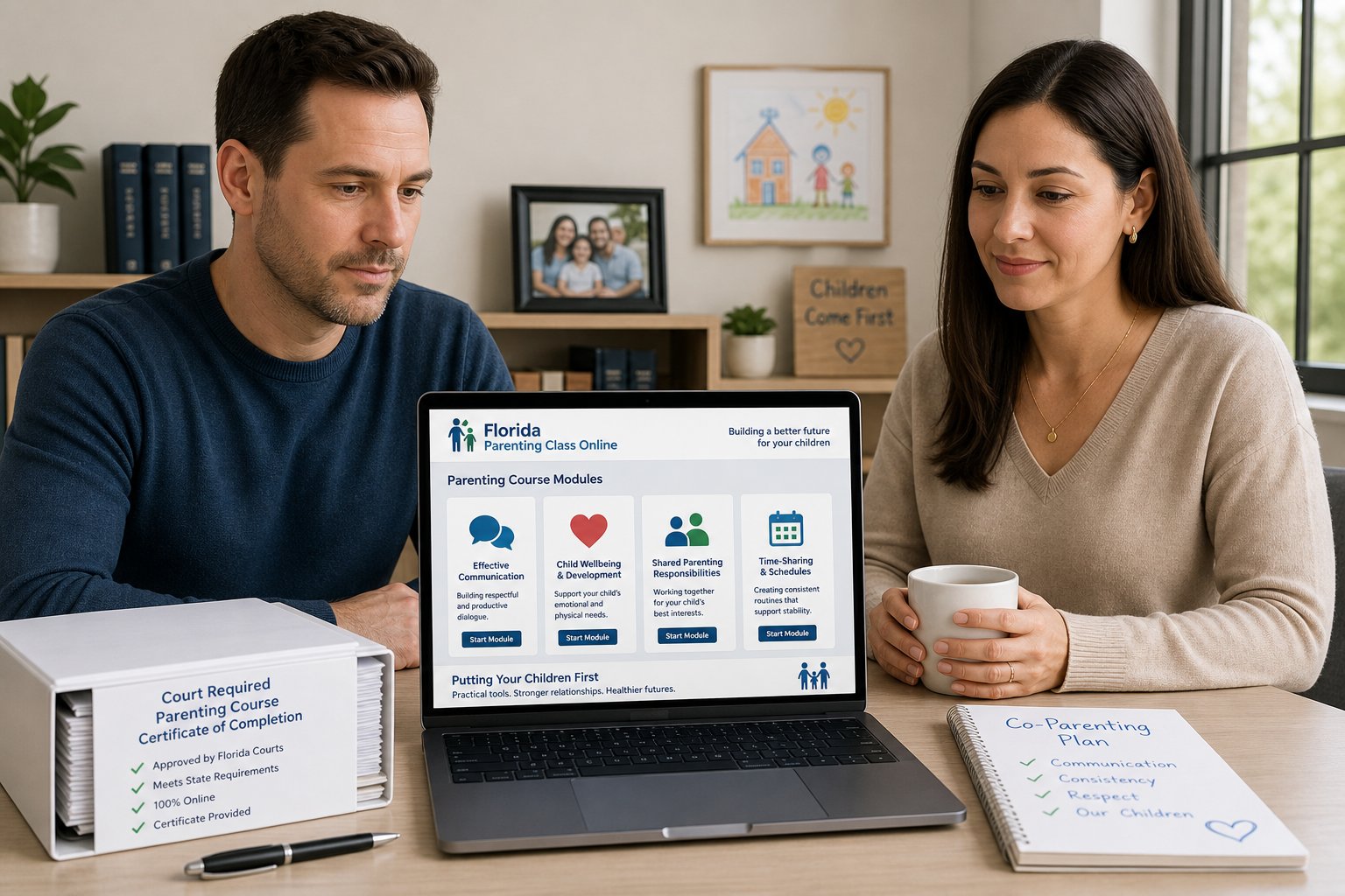Florida Parenting Class Online: Court-Approved 4-Hour Course Guide 2 Parents taking an online parenting class with court documents nearby.