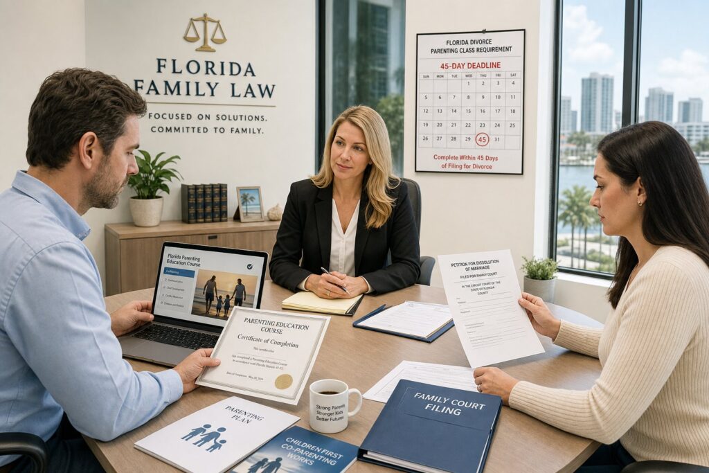 Parents reviewing court-required parenting class documents with a family law professional.