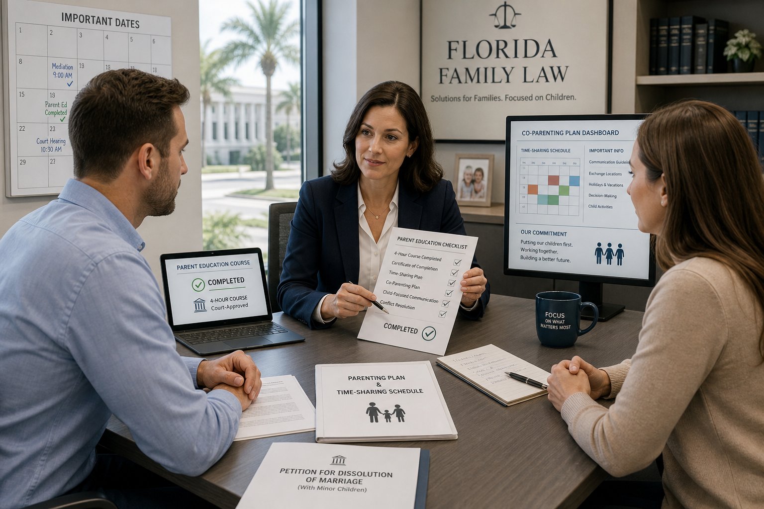 Parents reviewing court-required parenting class documents with a family law professional.