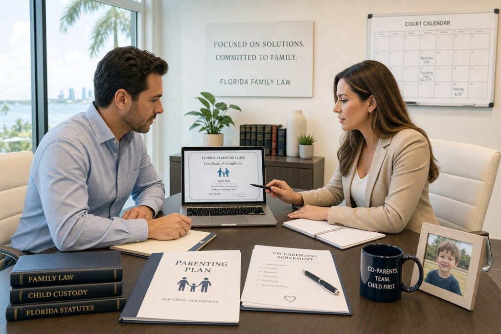 Parents reviewing a court-required parenting course with a legal advisor.