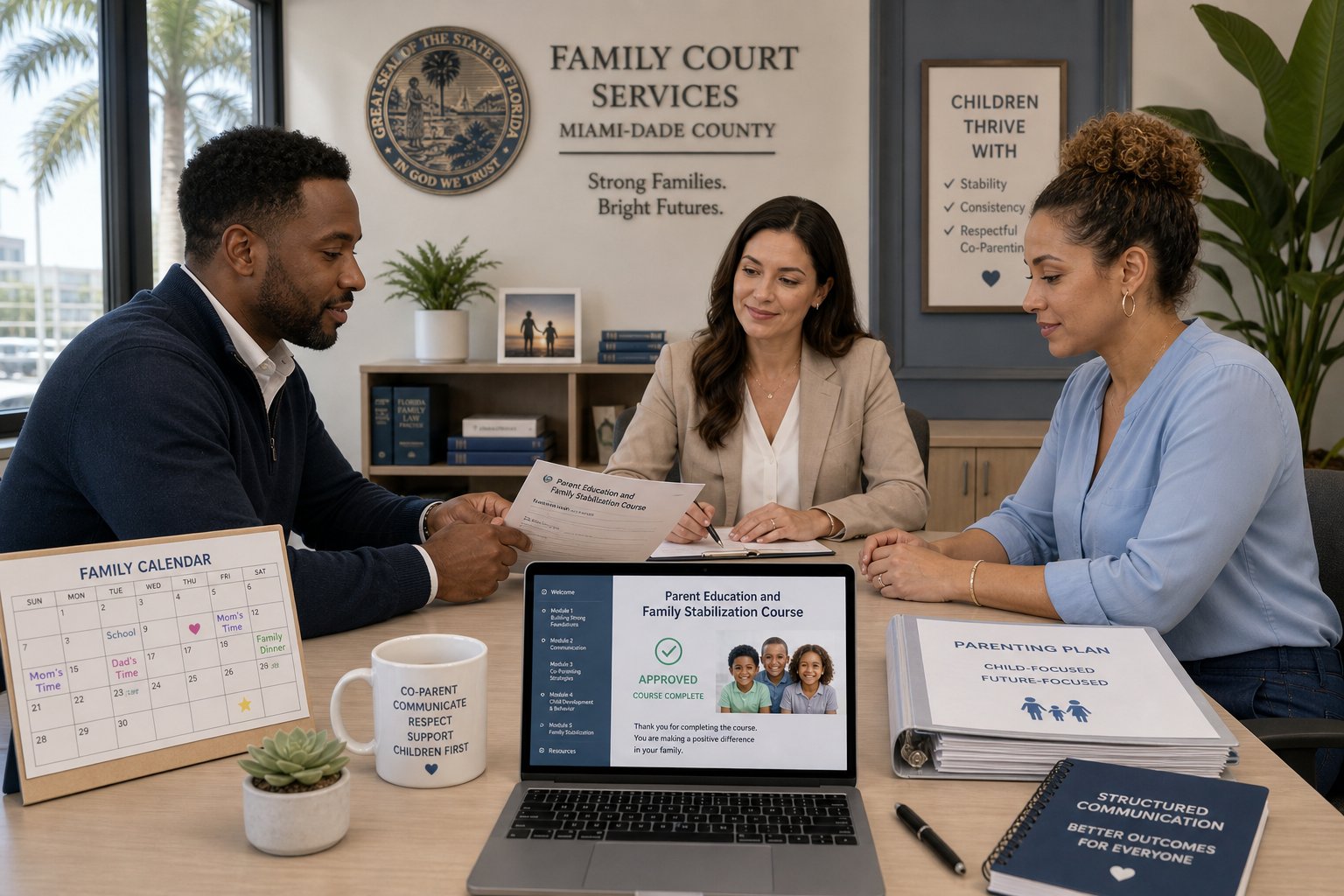 Florida Parenting Class vs. Parent Education Course: Different Names Explained 2 Parents reviewing a court-required parenting course with a legal advisor.