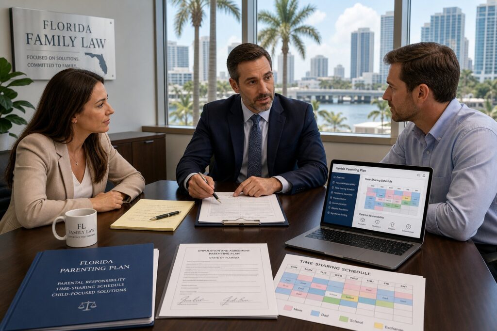 Florida parent reviewing court-required parenting class certificate at a desk