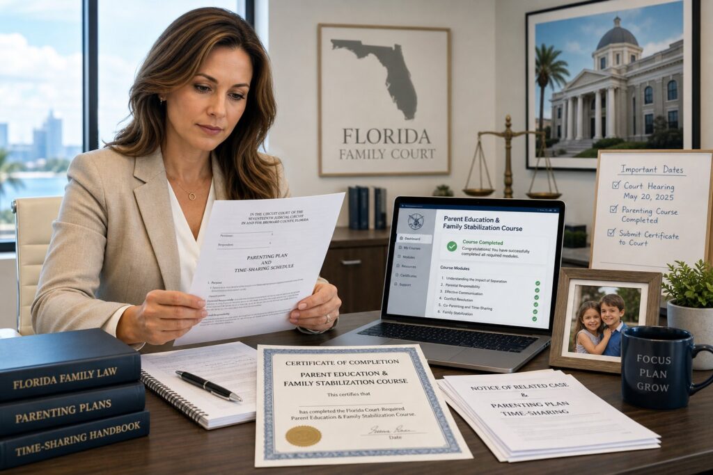 Parents reviewing Florida family court course paperwork with a legal advisor.