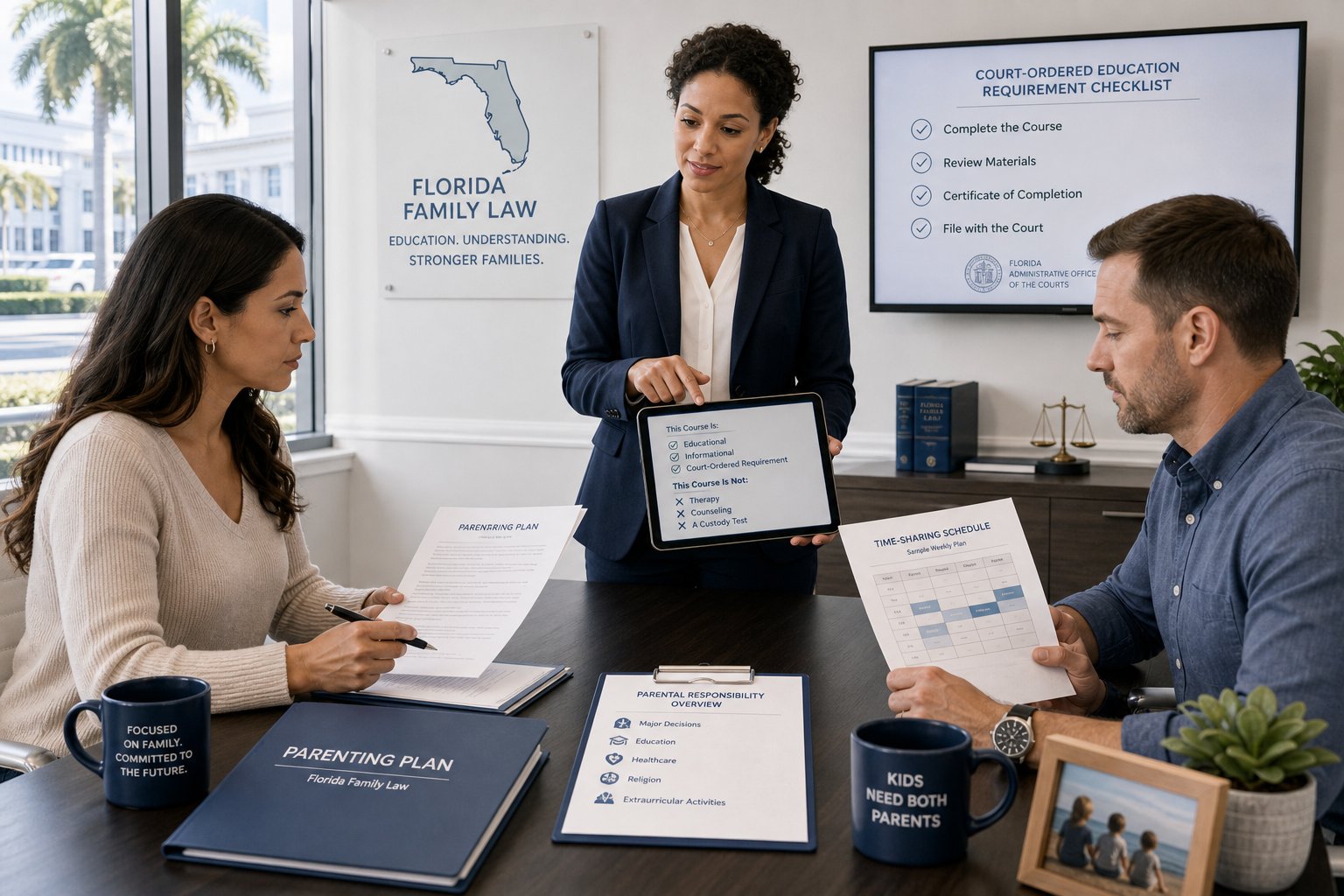 Florida Time-Sharing and the Parent Education Course 2 Parents reviewing Florida family court course paperwork with a legal advisor.