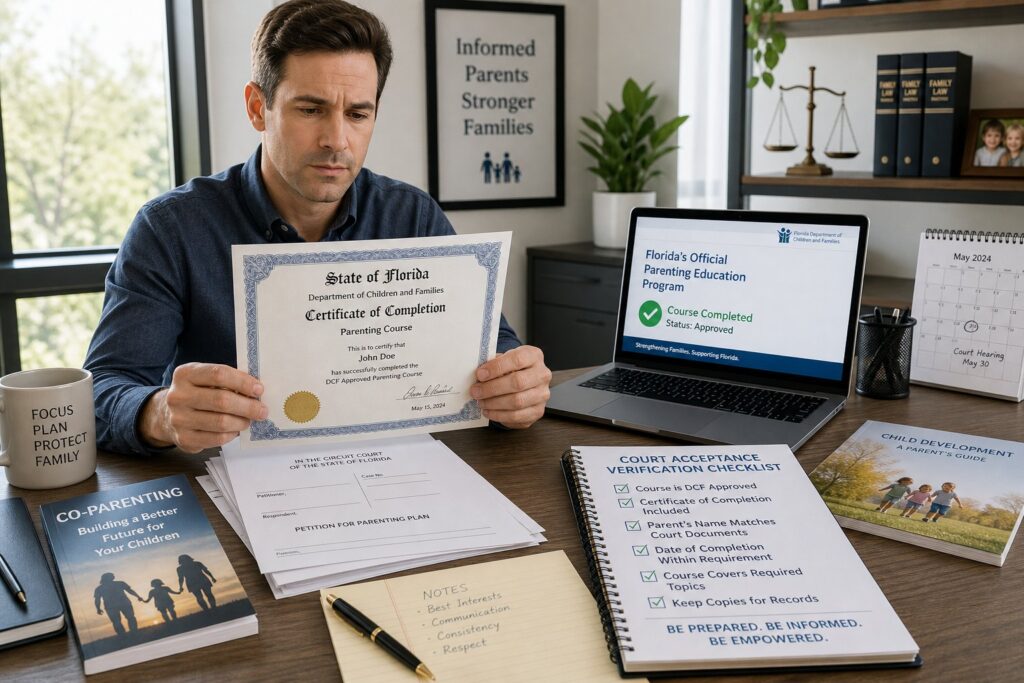Parents reviewing Florida-approved parenting class requirements with a legal advisor.