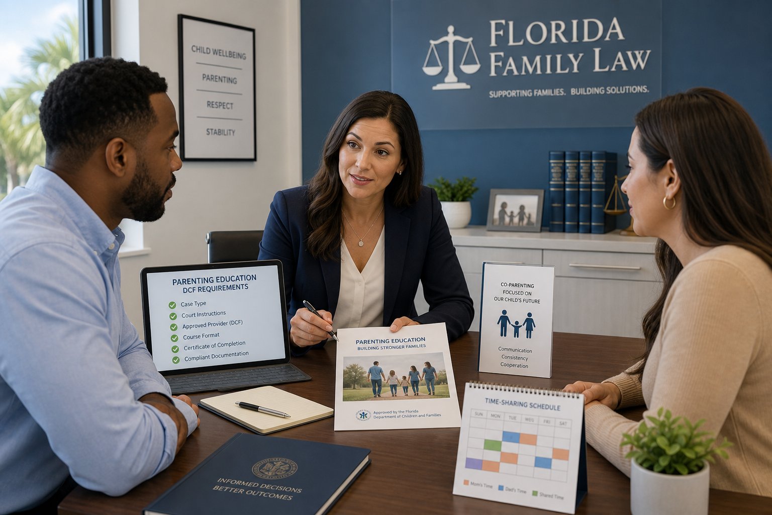 Free DCF Approved Parenting Classes vs. Court-Ordered Divorce Classes 2 Parents reviewing Florida-approved parenting class requirements with a legal advisor.
