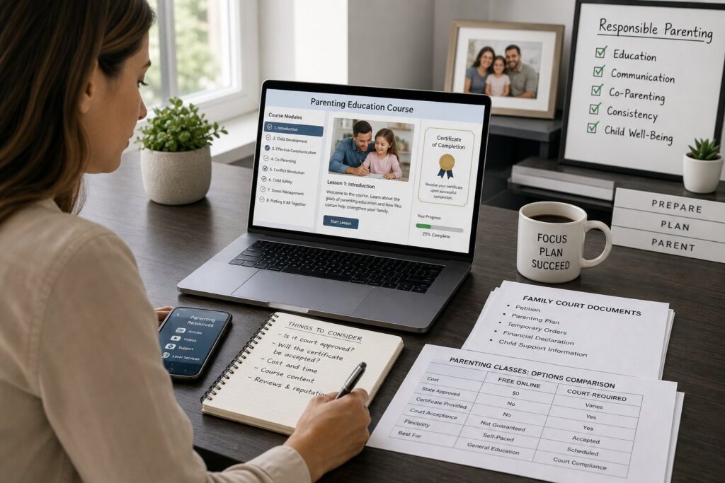 Parents using online parenting class materials on laptops in a modern home office.
